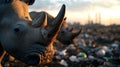 Rhinos in a polluted landscape with sunset lighting Royalty Free Stock Photo