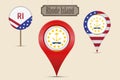 Rhode Island US state round flag. Map pin, red map marker, location pointer. Hanging wood sign. Vector illustration Royalty Free Stock Photo