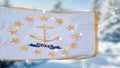 Rhode Island winter snowflakes flag background. United States of America. 3d illustration