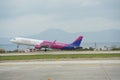 WizzAir airplane Airbus A321take off from runway on airport in Rhodes