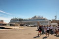 RHODES, Greece Ã¢â¬â JUN 03, 2021. View of the AIDA cruise ship in Mandraki harbour near old town and Hippocrates Square