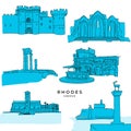 Rhodes Greece landmarks drawings filled