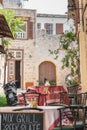 Rhodes, Greece. 05/30/2018. Local restaurant on main Sokratous street. Rhodes, Old Town, Island of Rhodes, Europe Royalty Free Stock Photo