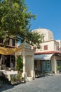 Rhodes, Greece. 05/30/2018. Local restaurant on main Sokratous street. Rhodes, Old Town, Island of Rhodes, Europe Royalty Free Stock Photo