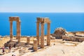 Ancient columns in the acropolis of famous Lindos town in Rhodes