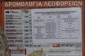 Board with a bus schedule indicating the localities, departure hours and the price of the trip