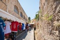 Rhodes, Greece. May 30, 2018. Local shops and restaurants on market street in downtown, Old town. Island of Rhodes. Europe Royalty Free Stock Photo