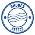 RHODES - GREECE, words written on light bue postal stamp Royalty Free Stock Photo