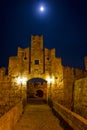 Rhodes Island, Old city street view by night, Castle Gate, Greece, Europe