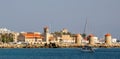 Rhodes, Mandraki harbour, view of the fortifications of the Old Town of Rhodes