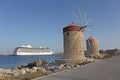 Rhodes Mandraki harbour wind mills. Greece