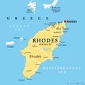 Rhodes, political map, largest of the Dodecanese island of Greece Royalty Free Stock Photo