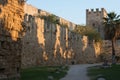 Rhodes town fortifications: old stone tower and palmtree at sunset. Beautiful landmark. Greece