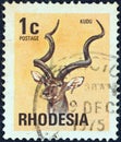 RHODESIA - CIRCA 1974: A stamp printed in Rhodesia from the `Antelopes` issue shows a Greater Kudu, circa 1974.