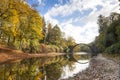 Rhododendron Park Kromlau, Germany, Europe. Incredible autumn view of Rakotz Bridge Rakotzbrucke, Devil`s Bridge