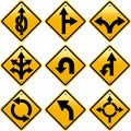 Rhombic yellow road signs with arrows directions