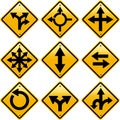 Rhombic yellow road signs with arrows directions Royalty Free Stock Photo