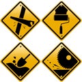 Rhombic yellow road signs with tools