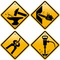 Rhombic yellow road signs with tools