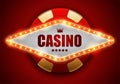 Rhomboid frame with glowing shiny LED light bulbs, vector illustration. Roung red gold poker chip shining casino banner red Royalty Free Stock Photo