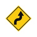 Rhomboid traffic signal in yellow and black, isolated on white background. Warning of reverse turn starting with right turn