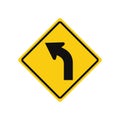 Rhomboid traffic signal in yellow and black, isolated on white background. Warning of sharp left curve