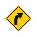 Rhomboid traffic signal in yellow and black, isolated on white background. Warning of sharp right curve