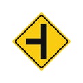 Rhomboid traffic signal in yellow and black, isolated on white background. Warning of side road on the left at a perpendicular