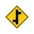 Rhomboid traffic signal in yellow and black, isolated on white background. Warning of side roads on left and right, consecutively