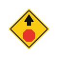 Rhomboid traffic signal in yellow and black, isolated on white background. Warning of stop ahead