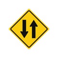 Rhomboid traffic signal in yellow and black, isolated on white background. Warning of two-way traffic straight ahead