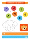 Connect the letters. Printable worksheet for preschool and kindergarten kids. Alphabet learning letters and coloring. Vector illus