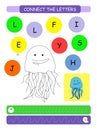 Connect the letters - Jellyfish. Printable worksheet for preschool and kindergarten kids. Alphabet learning letters and coloring.