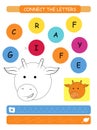 Connect the letters - Giraffe. Printable worksheet for preschool and kindergarten kids. Alphabet learning letters and coloring. Ha