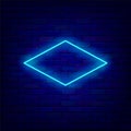 Rhombus blue neon frame on brick wall. Empty border. Space for text. Shiny flyer. Vector stock illustration Royalty Free Stock Photo