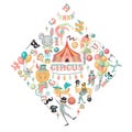 Rhombus composition of hand drawn circus actors, animals and elements of circus or amusement park