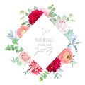 Rhombus floral label frame of white, pink and red flowers Royalty Free Stock Photo