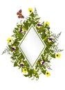 Rhombus frame with flowers and butterfly. Vector graphics