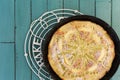 Rhubarb Apple Vanilla Cake in Baking Tray Turquoise Background