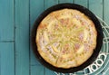 Rhubarb Apple Vanilla Cake in Baking Tray Turquoise Background