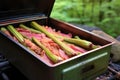 rhubarb crisp baking in an outdoor oven