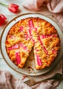 Rhubarb Crumble Cake on Plate. Spring sweet homemade baking