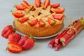 Rhubarb strawberry pie on the gray kitchen background. Veggie berries tart decorated with organic fresh strawberries Royalty Free Stock Photo