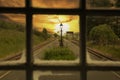 Rhyd Ddu railway station through a window at sunset. Part of the Welsh Highland Railway in the Eryri National Park