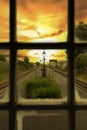 Rhyd Ddu railway station through a window at sunset. Part of the Welsh Highland Railway in the Eryri National Park