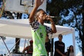 Rhyming rap MC at Hip Hop festival in Brazil. Royalty Free Stock Photo