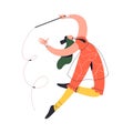 Rhythmic gymnast performing with flowing ribbon in leap movement, dynamic pose. Circus artist, acrobat dancing