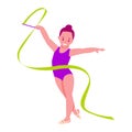 Rhythmic gymnast with a ribbon. Little girl in a gymnastic leotard. Vector illustration in flat cartoon style. Isolated on a white