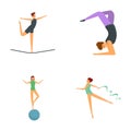 Rhythmic gymnastics icons set cartoon vector. Girl doing rhythmic gymnastics Royalty Free Stock Photo