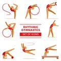 Rhythmic gymnastics. Set of icons. Vector illustration isolated on white background. Ribbon, hoop, clubs, ball, jump rope. Royalty Free Stock Photo